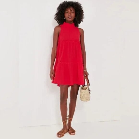 Pomander Place Dress Womens S Red Morgan Gauze Mock Neck Tiered Lightweight Mini - Picture 2 of 11